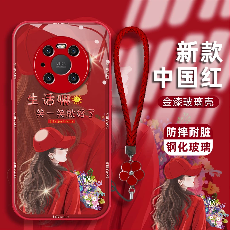 适用华为mate40/pro手机壳生活戴帽女孩金漆玻璃壳全包防摔保护套