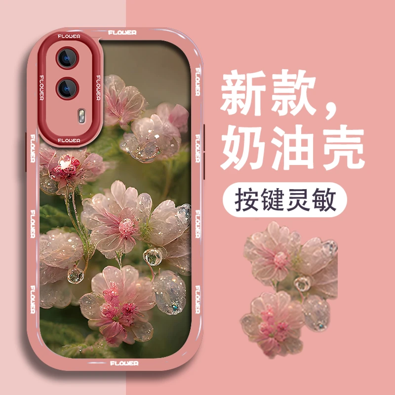 适用vivoy53s手机壳淡色粉花奶油硅胶软壳镜头全包防摔保护套