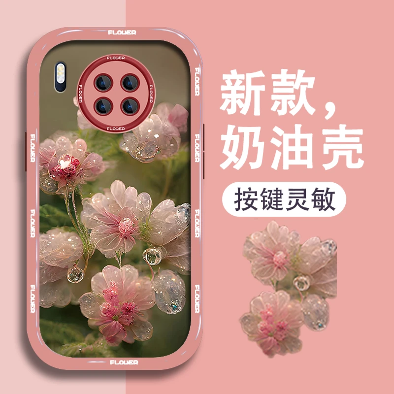 适用华为mate30手机壳淡色粉花奶油硅胶软壳镜头全包防摔保护套