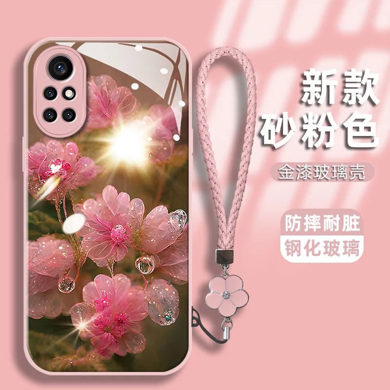 适用华为nova8手机壳水晶花防刮金漆玻璃壳镜头全包防摔保护套
