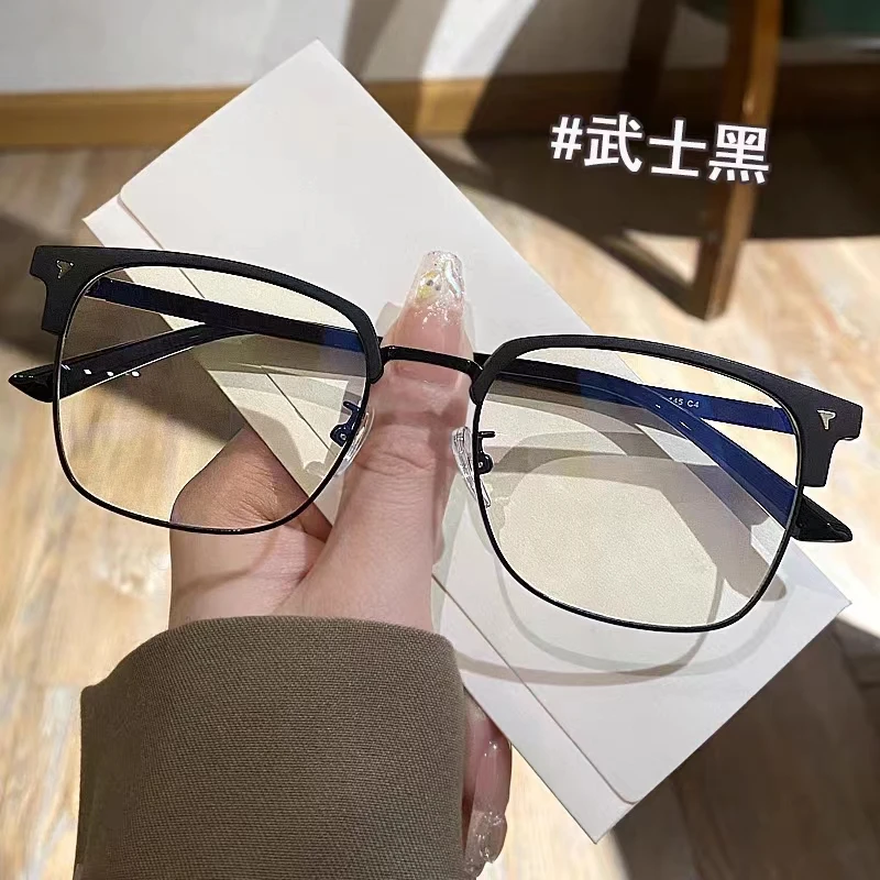 痞帅半框眼镜潮近视可配度数斯文理工男复古平光镜磨砂黑镜框女