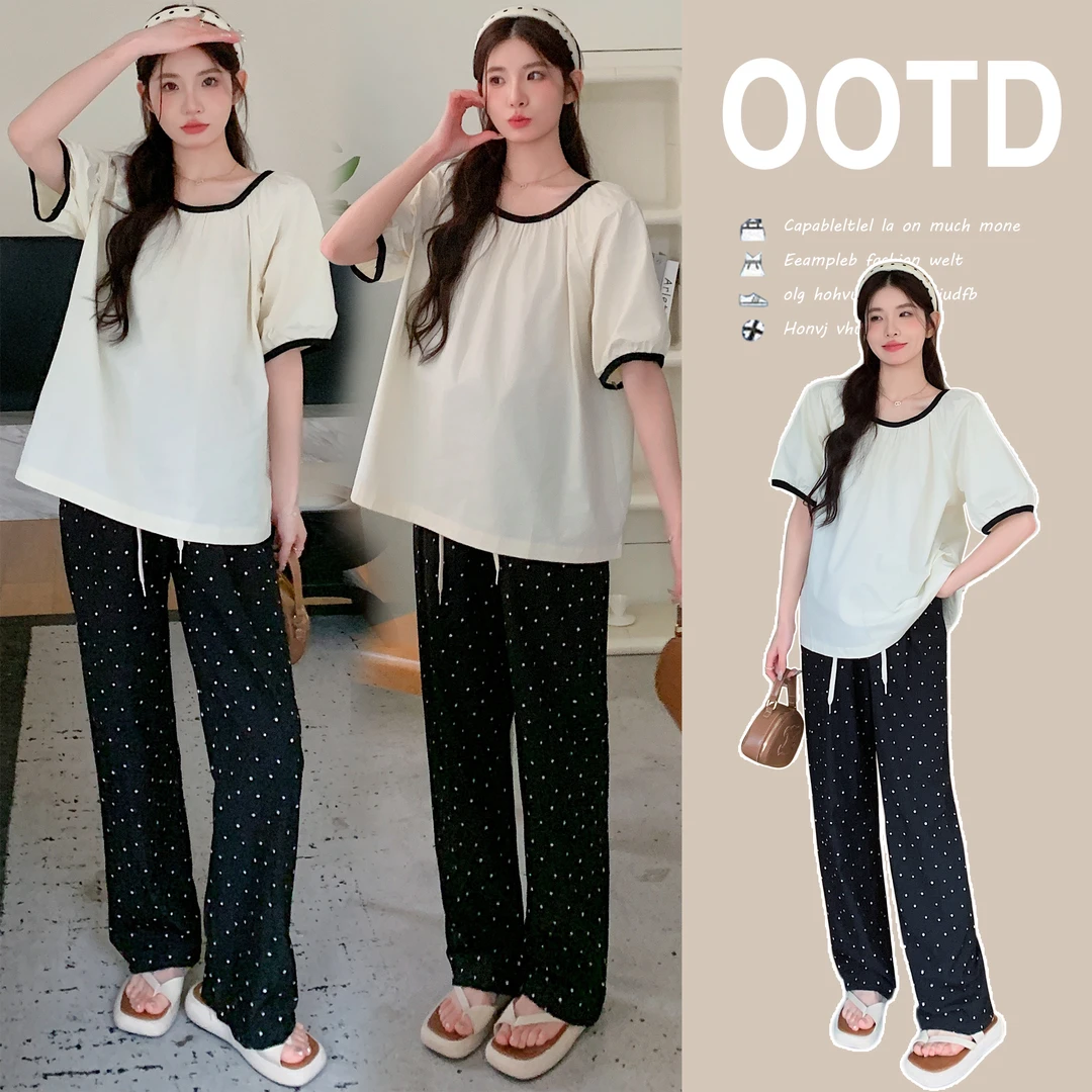 孕妇夏季新品宽松短袖时尚显瘦抽绳孕妇长裤休闲日常外穿长款裤子