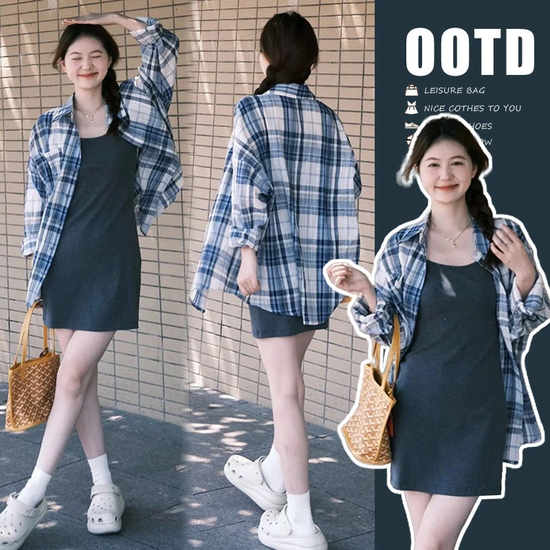 孕妇装夏装新款小个子潮妈吊带连衣裙时尚防晒格子衫薄款短裙套装