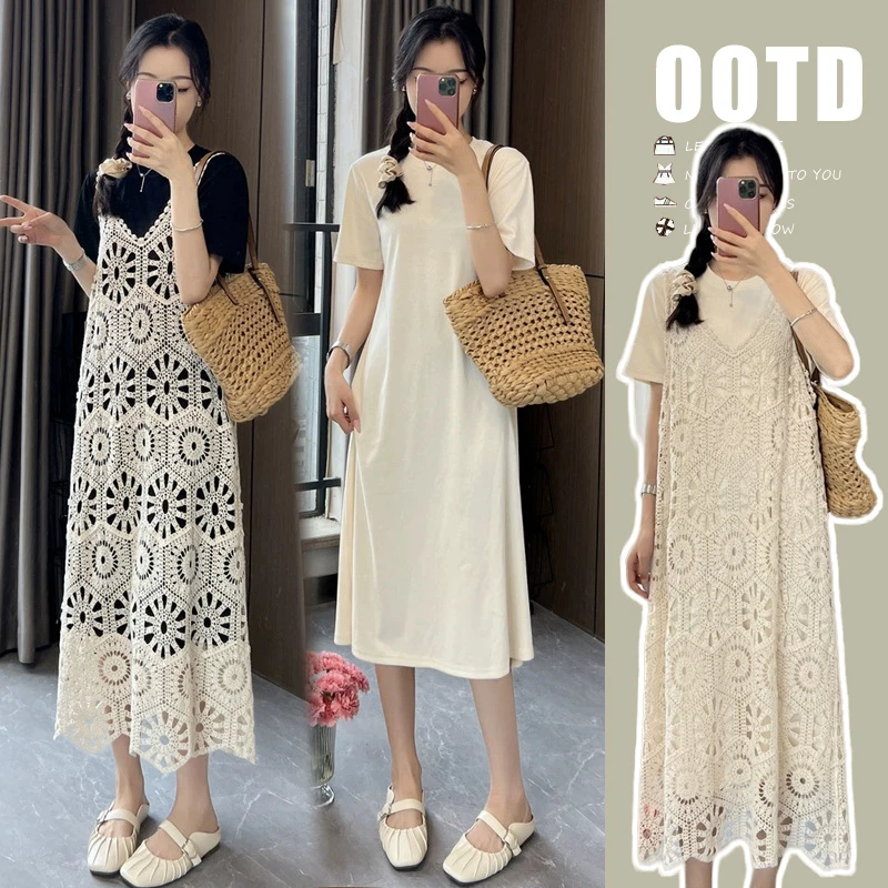 孕妇夏季新款套装宽松短袖连衣裙时尚洋气时髦夏季蕾丝裙子中长款