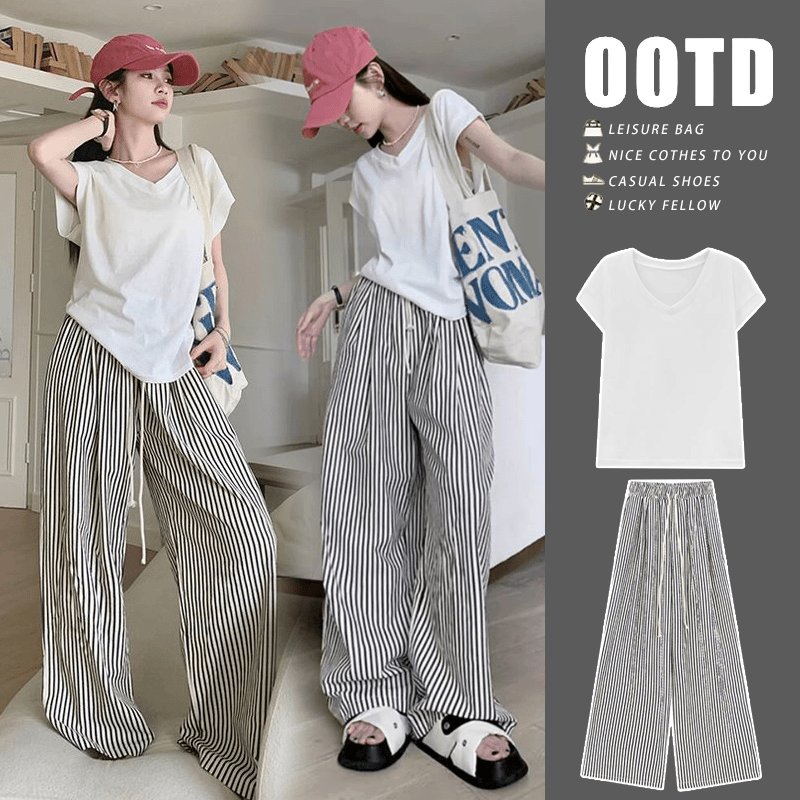 孕妇装韩版时尚宽松显瘦度假风洋气设计感V领背心+宽松条纹阔腿裤