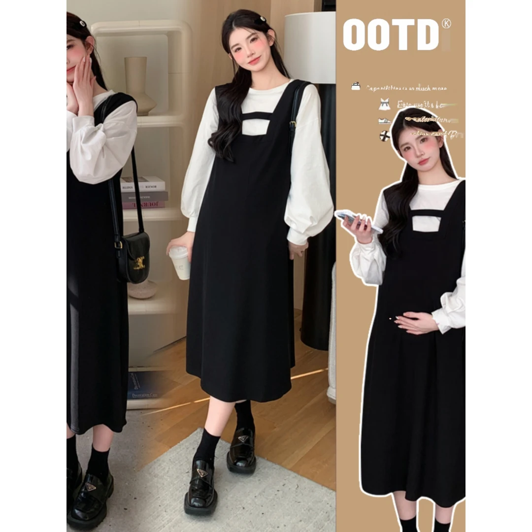 孕妇春装2025新款时尚宽松显瘦中长款背带连衣裙两件套春秋季套装