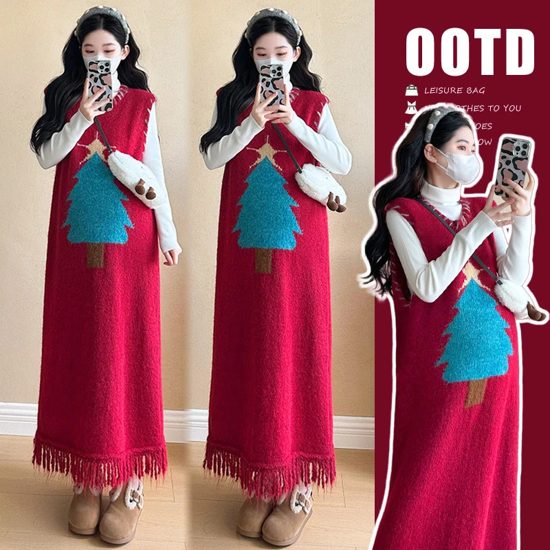 孕妇装秋冬2024新款韩版时尚宽松星星圣诞树设计感彩色中长背心裙