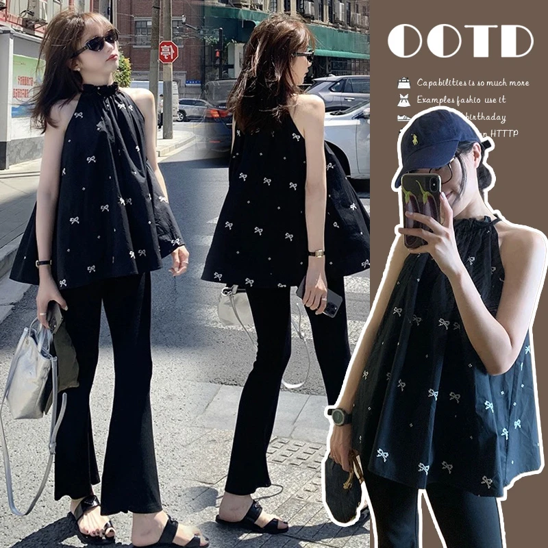 孕妇装夏季新款挂脖无袖上衣时尚2024潮款网红洋气夏装宽松喇叭裤