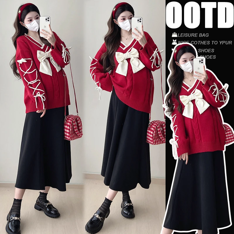 孕妇装秋冬装加厚2024潮款宽松编织麻花加厚套头毛衣+托腹半身裙