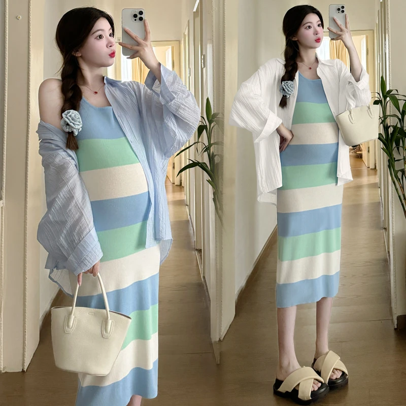孕妇彩虹条连衣裙2024夏网红设计感显瘦气质衬衣防晒开衫条纹背心