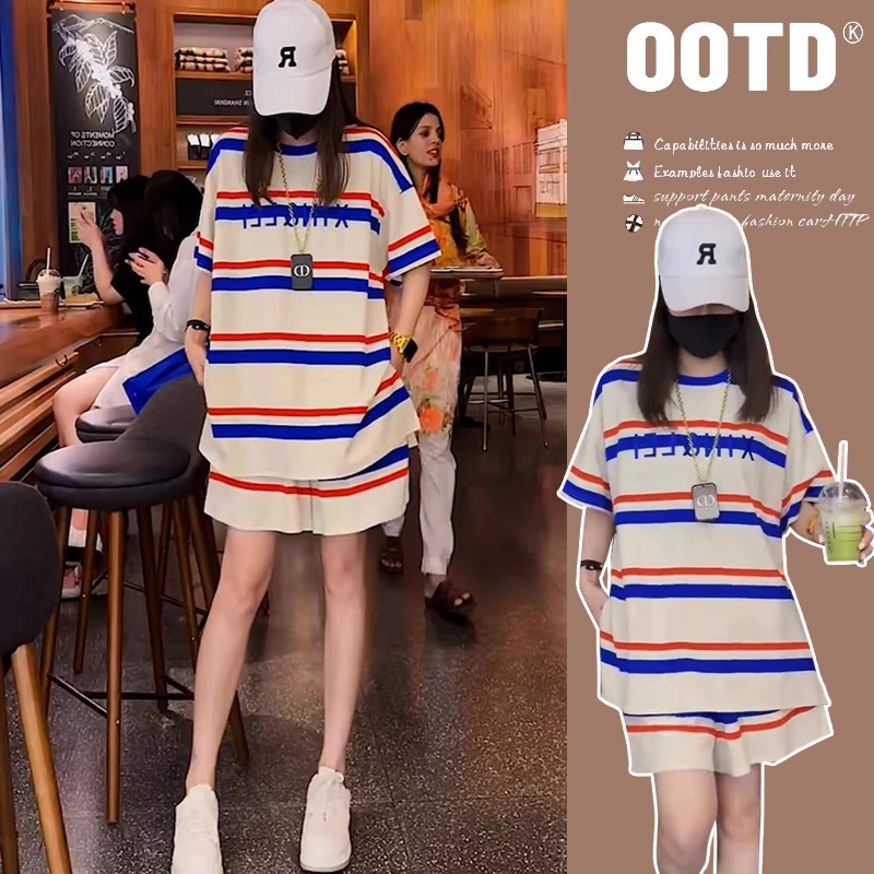 新款夏装休闲孕妇套装条纹短袖短裤宽松夏季圆领薄款孕妇两件套