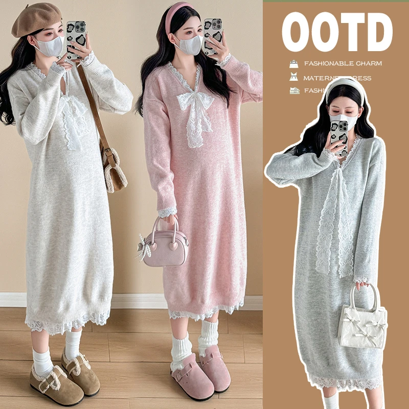孕妇装秋冬2024新款蝴蝶结拼接长袖毛衣宽松中长款显瘦时尚连衣裙