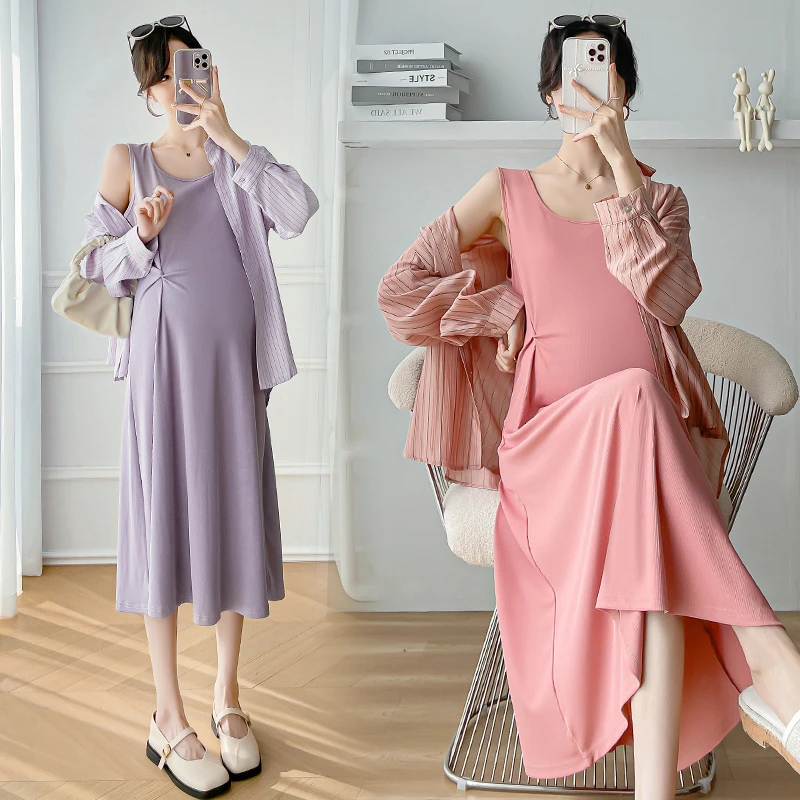 2024新款孕妇连衣裙夏季孕妈甜美设计感吊带裙条纹长袖衬衫防晒衫