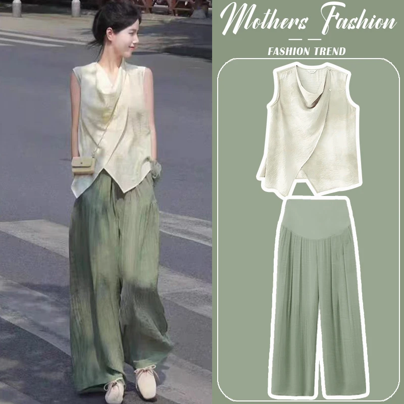 夏季无袖孕妇套装时尚洋气薄款上衣垂感宽松阔腿裤减龄气质两件套