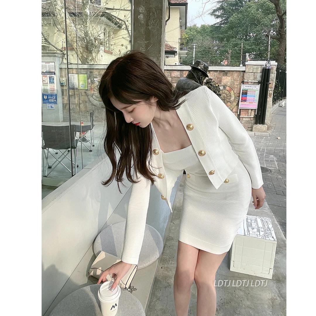 LDTJ高定24春夏巴曼金扣名媛贵气质修身包臀吊带裙针织外套装女