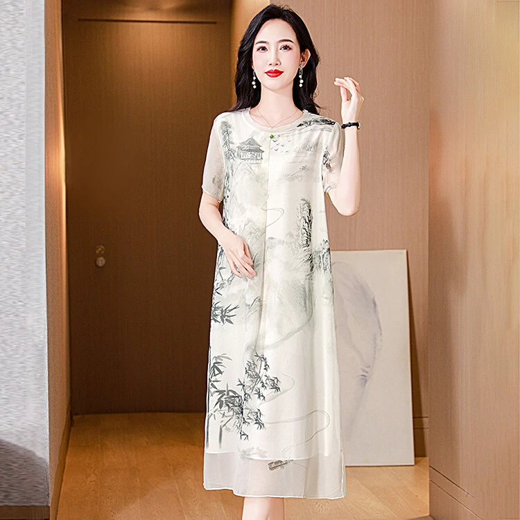 妈妈真丝连衣裙气质夏装中式2024新款高端减龄过膝印花桑蚕丝裙子