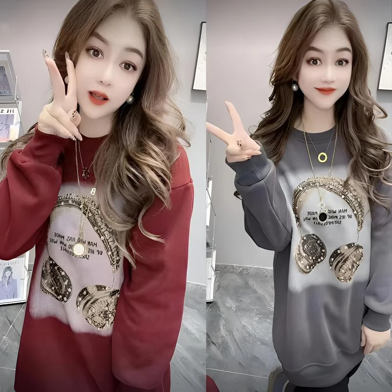 加绒休闲卫衣女2024秋冬新款圆领重工耳机宽松显瘦中长款印花上衣