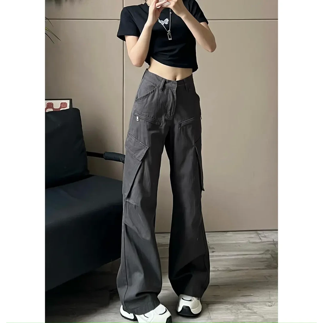 2024新款美式甜酷高腰直筒工装裤女设计感显瘦加长版休闲裤8871