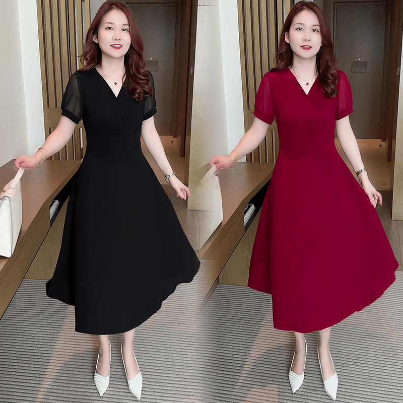 V领连衣裙B3027 2024夏季时尚连衣裙女气质显瘦收腰拼接中长裙