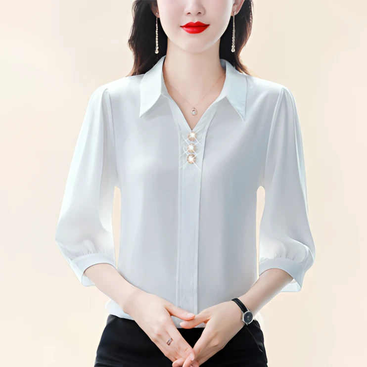洋气七分袖白色衬衫女款女士夏季时尚韩版衬衣薄款桑蚕丝夏天上衣