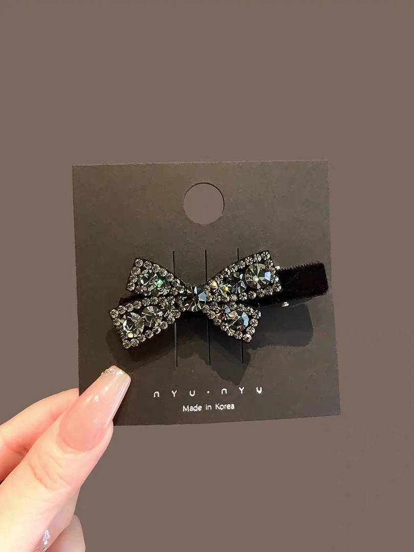 新款鸭夹发夹黑色水钻蝴蝶结刘海夹少女气质侧边夹发卡顶夹高级感