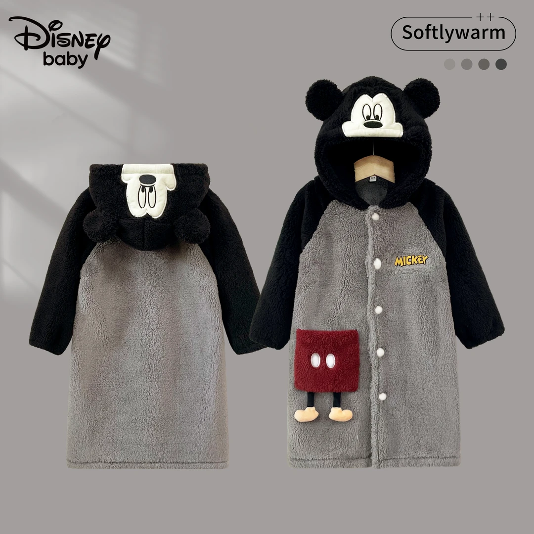 迪士尼秋冬季睡袍男童浴袍女童睡衣北美绒秋冬加绒厚软绵米奇维尼