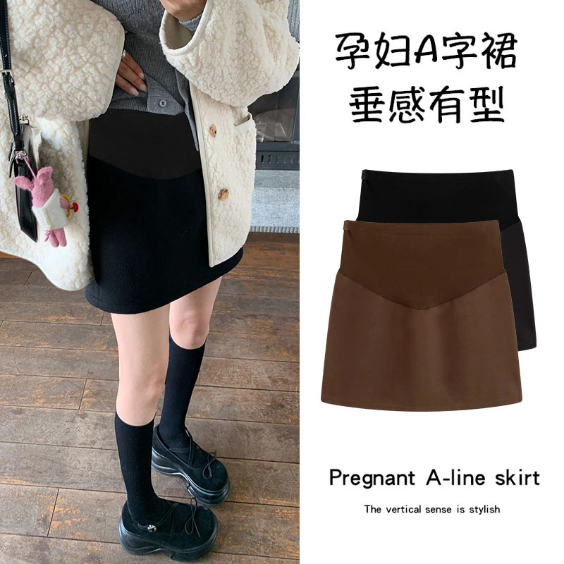 孕妇包臀短裙黑色秋冬季托腹毛呢裙子外穿百搭A字显瘦半身裙春秋