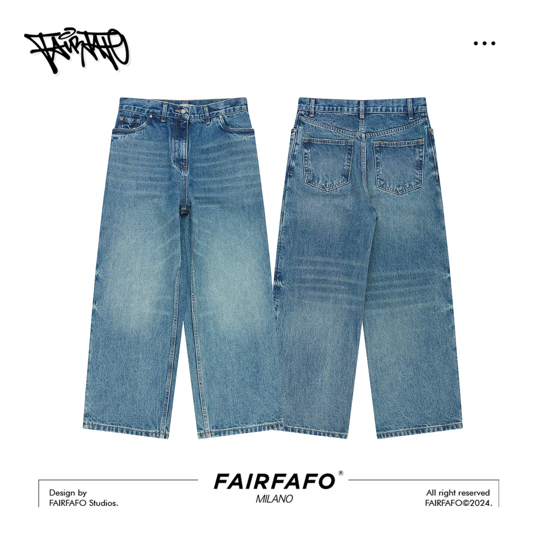 FAIRFAFO林肉肉【掉裆裤】水洗直筒美式潮流阔腿牛仔裤  ND24KZ673