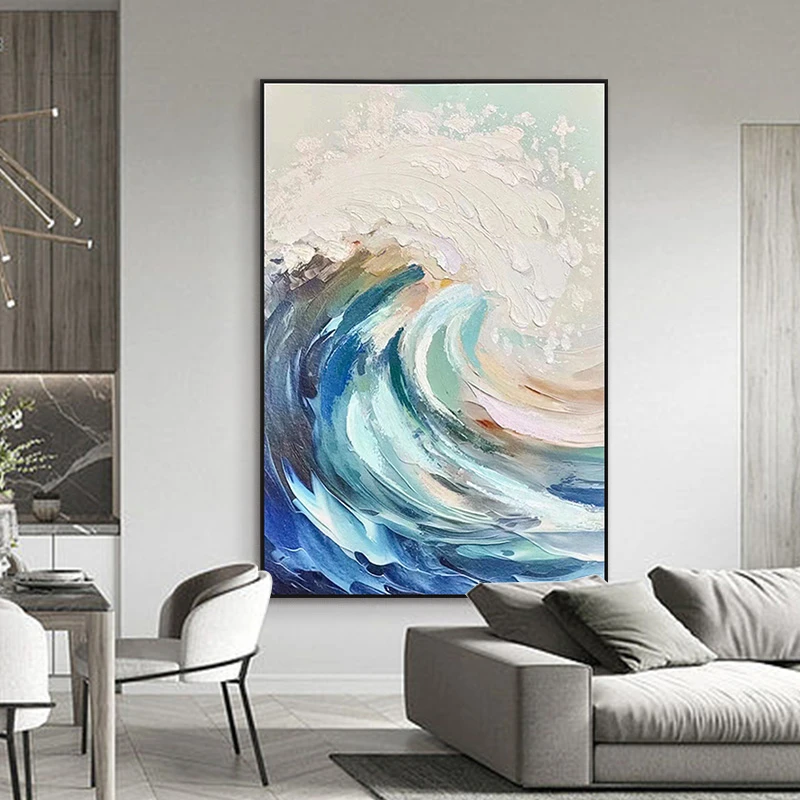 立体抽象玄关装饰石英砂丙烯颜料油画轻奢new潮笔画海浪80120
