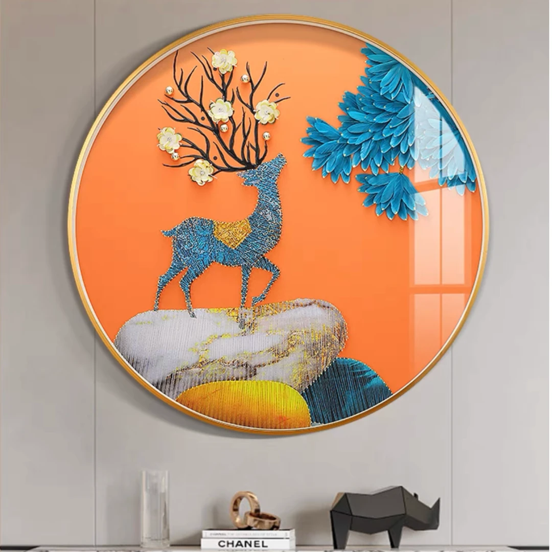 形装饰画玄关挂画现代轻奢走廊餐厅立体实物画福鹿高升鹿8080