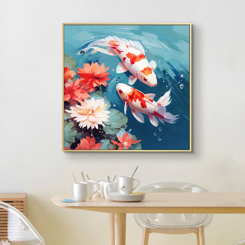 手工油画入户玄关走廊过道客厅背景墙画现代简约油画鲤鱼8080
