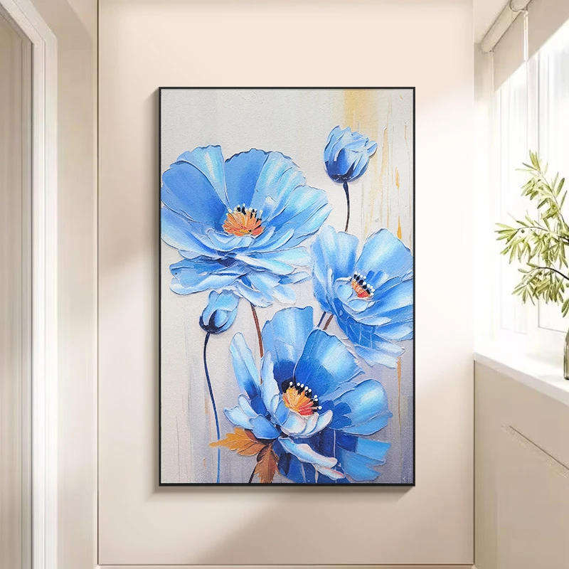 N简约手工油画蓝花立体入户玄关走廊落地客厅装饰画兰花80120