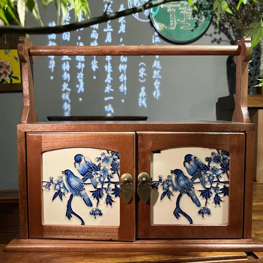 【赫颖】新中式陶瓷复古实木提梁首饰盒--48*40*18手绘装饰摆件