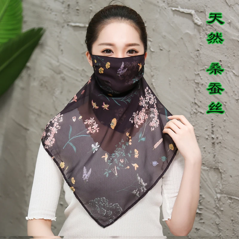 双层桑蚕丝口罩防晒面罩面纱夏季薄款透气可清洗两用印花淑女加大