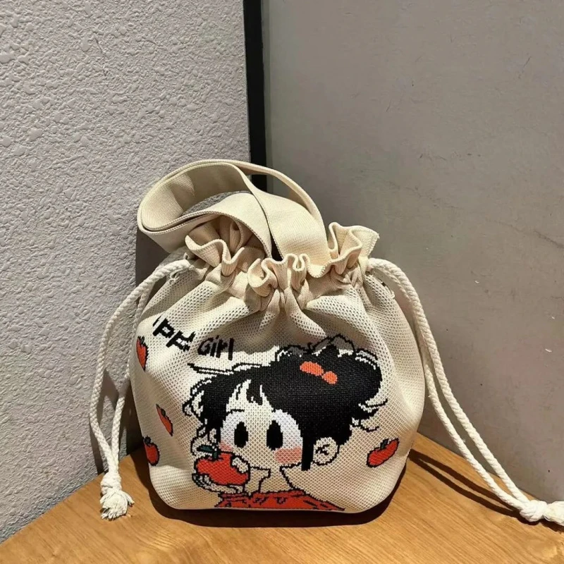 原创新款可爱大容量束口手提包福袋饭盒包出行随身携带手拎针织包