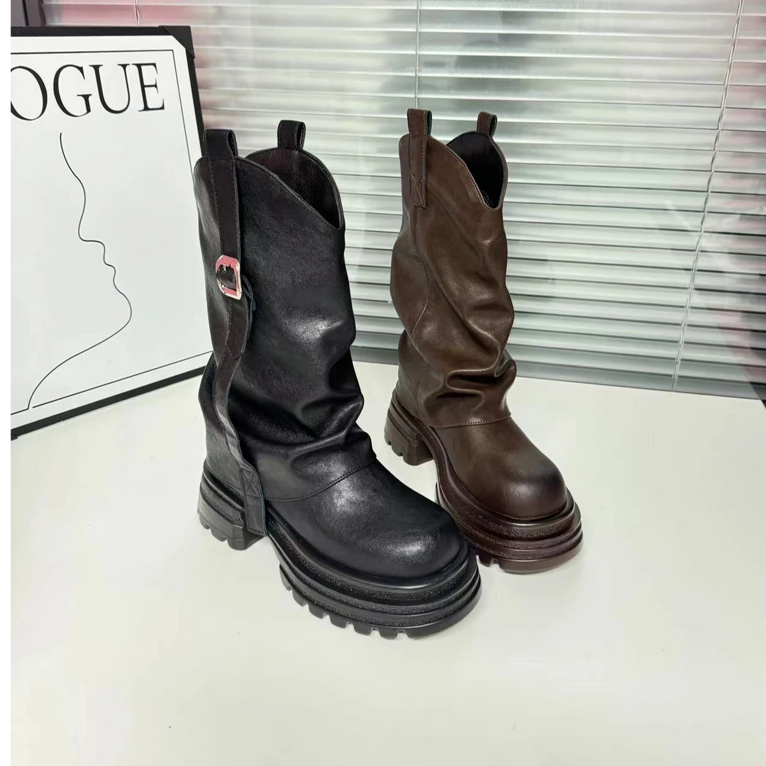 欧货厚底裤管靴女款2024秋季小个子增高软底时尚百搭休闲马丁靴