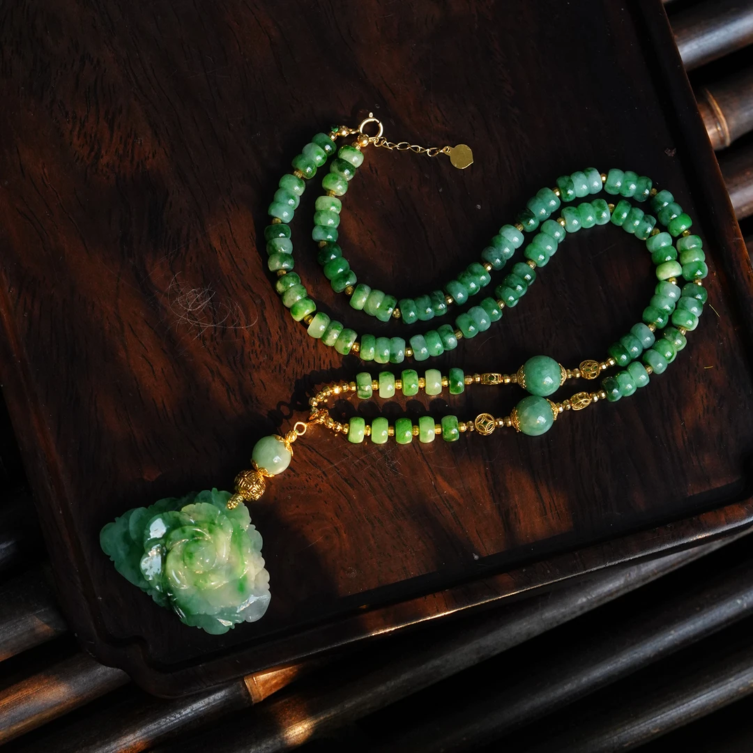 【石缘居珠宝】精美翡翠花开富贵套链项链18K金镶复古国风  JY-X-6