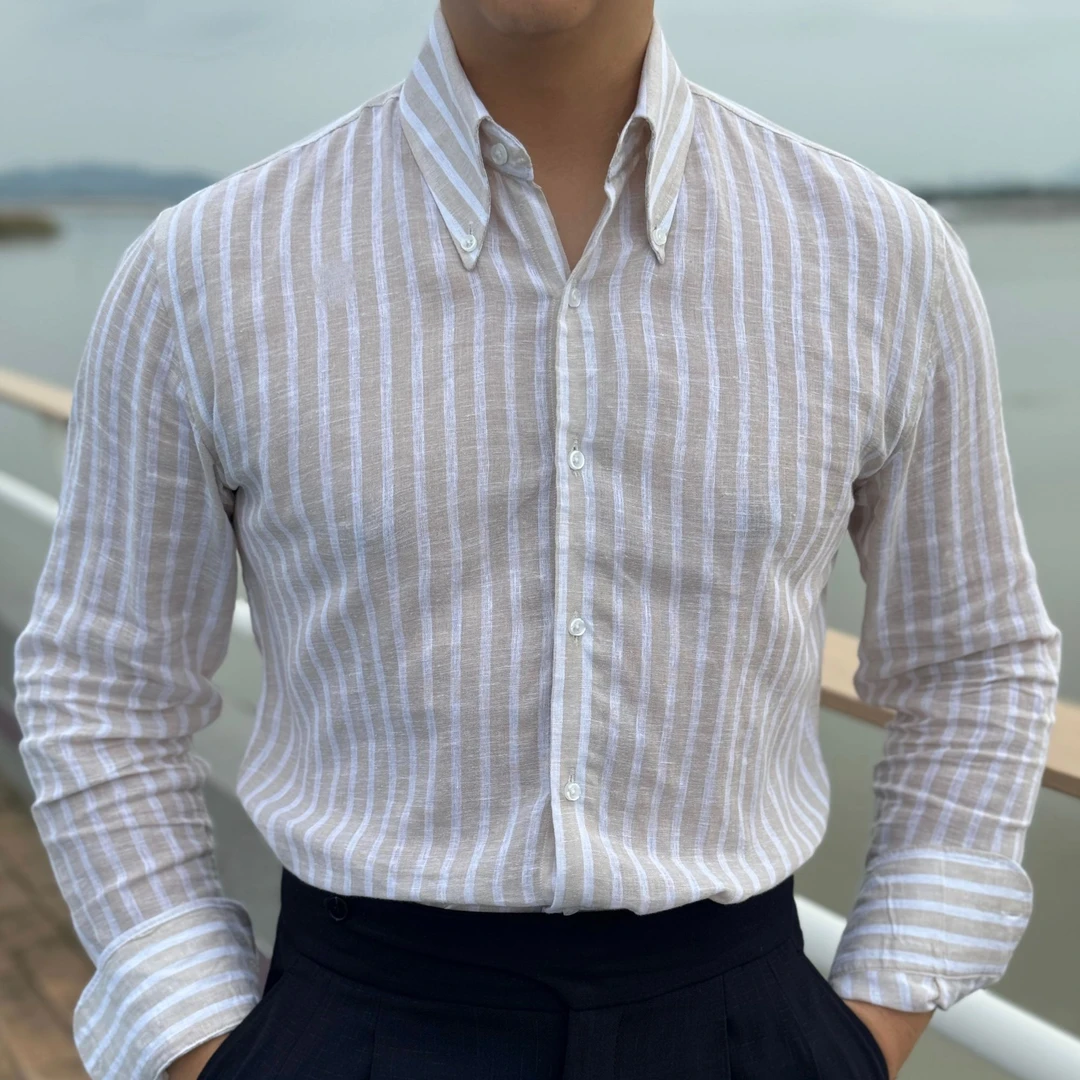 男装亚麻衬衣薄款衬衫外套仿赛透气吸汗意式领条纹修身韩版2024款