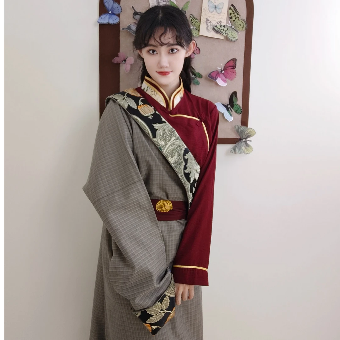 2024新款薄款【时尚千鸟格】百搭藏族长袍藏袍古风传统民族风藏式