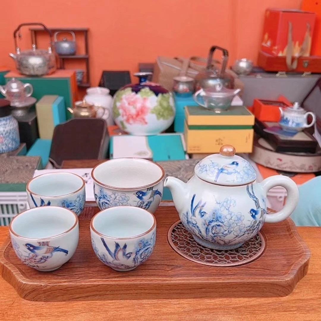 文观窑天青汝窑青花喜上眉梢茶壶带四杯+茶盘