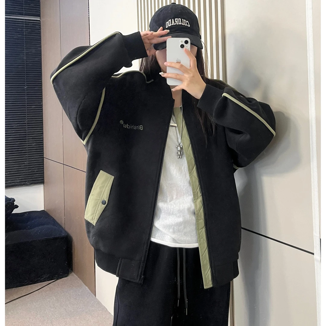加棉加厚棒球服撞色外套男女同款百搭宽松潮流棉服