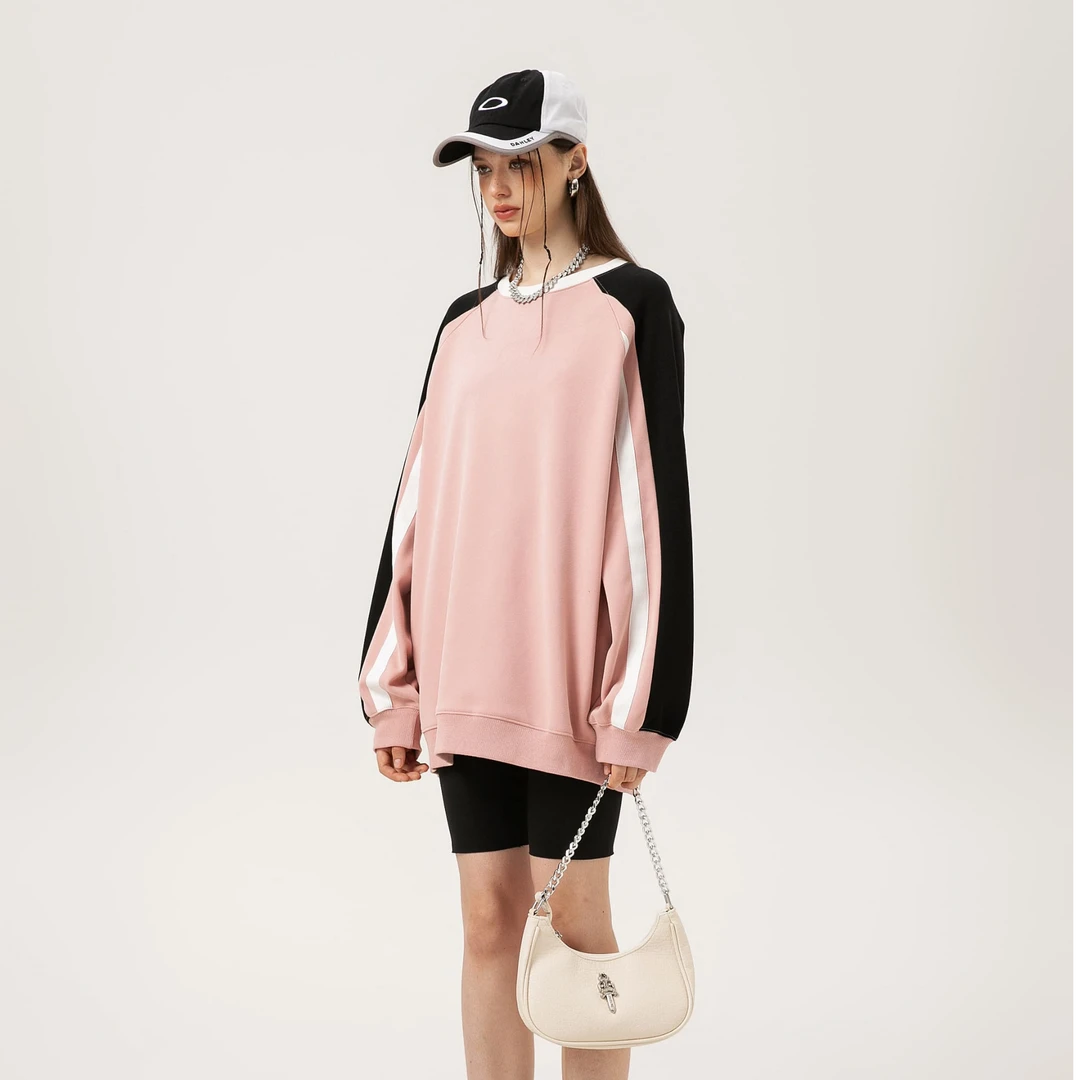 2024款秋冬拼色卫衣美式休闲宽松圆领秋冬拼接撞色情侣长袖打底衫