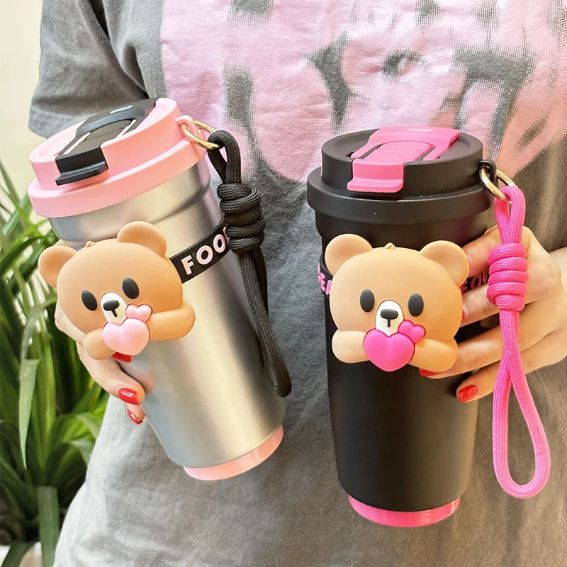 开学季咖啡杯范范熊抱抱熊不锈钢保温杯网红高颜值双饮随手咖啡杯