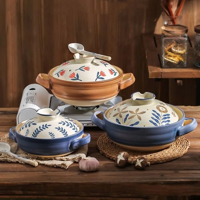 日式陶土砂锅家用耐高温燃气煤气灶煲汤锅炖锅高颜值釉下彩手绘锅