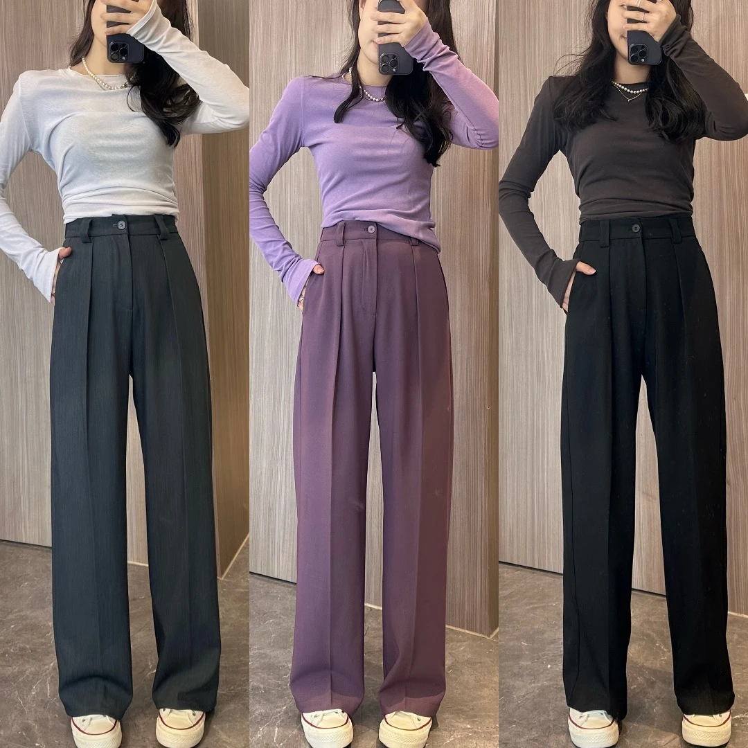 【DADI定制】春秋新款高腰直筒垂感显瘦简约百搭窄版西装拖地裤女