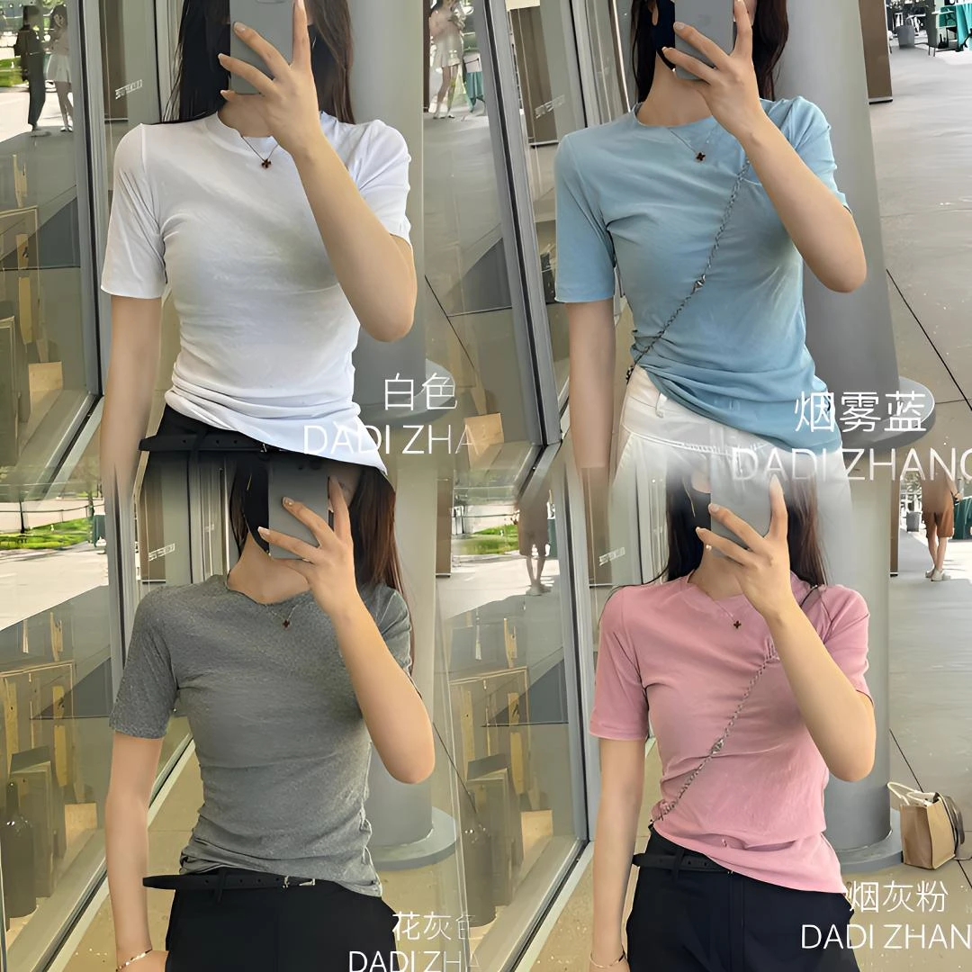 【DADI定制】夏季新款纸片人微透修身显瘦短袖百搭纯色T恤女