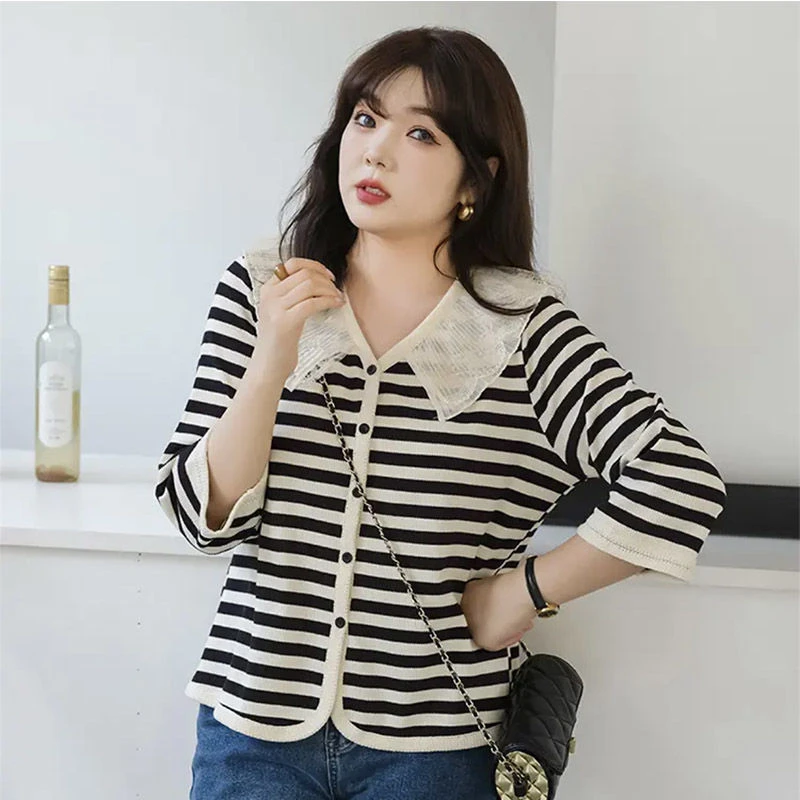 胖mm大码女装秋宽松高级感蕾丝翻领针织衬衫胖mm条纹假两件上衣女