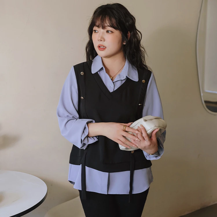 胖妹妹秋季上衣拼接衬衫假两件雪纺衫新款胖mm遮肚子显瘦时髦上衣