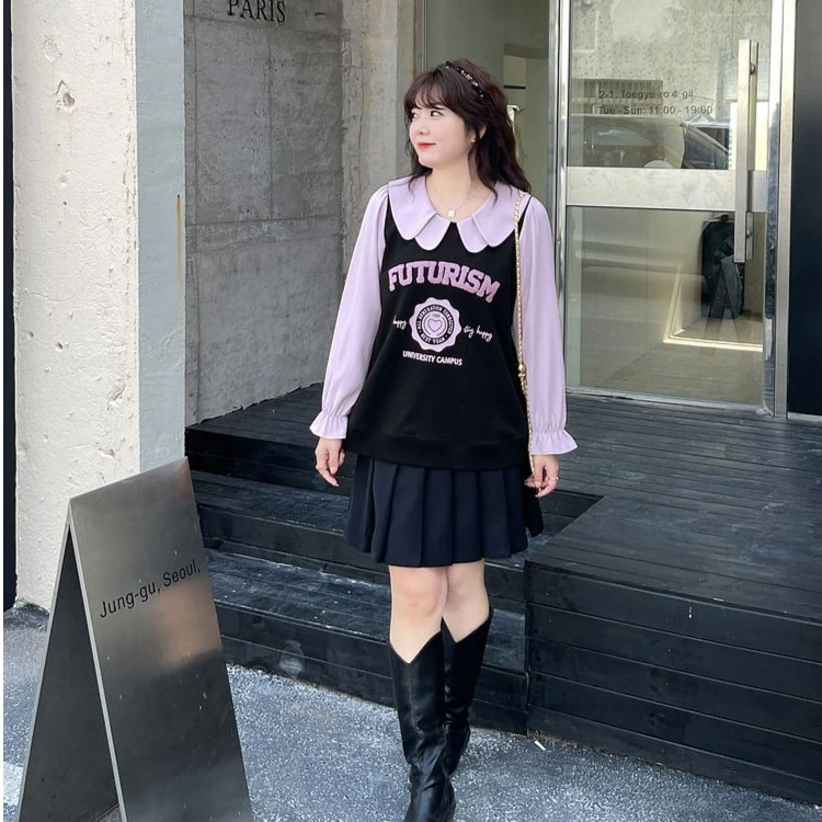 胖mm大码女装藏肉设计感上衣春秋季新款温柔风娃娃领假两件卫衣女