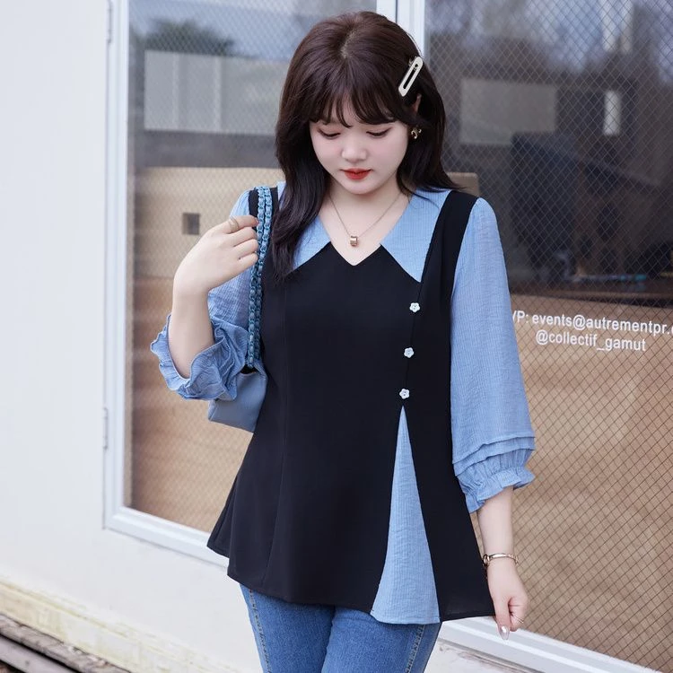 翻领开衩小衫假两件收腰显瘦胖MM大码7分袖套头上衣黑色春季新款
